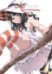  1girl bangs bare_shoulders black_hair bloomers blue_eyes broom broom_riding checkered from_below fukuyama_satoshi hat hat_ribbon highres idolmaster idolmaster_shiny_colors kazano_hiori lantern long_hair looking_down mole mole_under_mouth parted_lips ribbon sidesaddle simple_background sleeveless smile solo striped striped_legwear thigh-highs translation_request underwear white_background witch witch_hat 