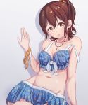  bare_shoulders bikini bikini_skirt blue_bikini breasts brown_eyes brown_hair collarbone gradient gradient_background highres idolmaster idolmaster_million_live! idolmaster_million_live!_theater_days kasuga_mirai loeldrive medium_breasts navel neckerchief one_side_up parted_lips short_hair strap_slip swimsuit wet 