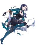  1girl armor arrow_(projectile) bangs belt black_eyes black_gloves black_hair boots bow_(weapon) breasts closed_mouth collar corset fire_emblem fire_emblem:_three_houses fire_emblem_heroes full_body gloves green_jacket high_heel_boots high_heels highres holding holding_bow_(weapon) holding_weapon jacket knee_boots large_breasts leg_up looking_away maeshima_shigeki medium_breasts official_art open_clothes open_mouth pale_skin pants parted_bangs quiver shamir_nevrand shiny shiny_clothes shiny_hair short_hair shoulder_armor solo sweat sweatdrop torn_clothes torn_pants transparent_background weapon 