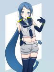  artist_request black_gloves black_legwear blue_eyes blue_hair elbow_gloves gloves hand_in_pocket kantai_collection long_hair navel sailor_collar samidare_(kantai_collection) shorts sleeveless thigh-highs very_long_hair 