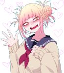  1girl black_sailor_collar blonde_hair boku_no_hero_academia cardigan commentary_request fangs hair_bun hand_up heart heart_background highres long_sleeves looking_at_viewer okumari open_mouth red_neckwear sailor_collar short_hair smile solo teeth toga_himiko upper_body white_background yellow_eyes 