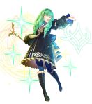  1girl bangs black_dress black_footwear blue_legwear boots bow closed_mouth detached_sleeves dress fire_emblem fire_emblem:_three_houses fire_emblem_heroes flayn_(fire_emblem) frills full_body gold_trim green_hair hair_ornament hand_up hands_up highres holding knee_boots kousei_horiguchi long_hair long_sleeves looking_at_viewer official_art pantyhose school_uniform shiny shiny_clothes shiny_hair solo sparkle staff transparent_background turtleneck 