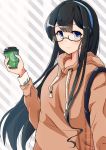  1girl absurdres alternate_costume backpack bag black_hair blue_hairband commission drawstring glasses green_eyes hairband highres hood hooded_sweater hoodie kantai_collection komb long_hair looking_at_viewer ooyodo_(kantai_collection) orange_sweater semi-rimless_eyewear solo striped striped_background sweater tumbler under-rim_eyewear upper_body 