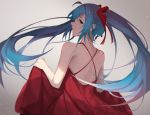  1girl blue_eyes blue_hair chinese_commentary dress floating_hair hatsune_miku holding holding_clothes holding_dress jijing_zishui long_hair looking_back red_dress solo twintails vocaloid 