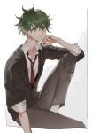  1boy alternate_costume amami_rantarou antenna_hair arm_support bangs brown_pants closed_mouth collarbone collared_shirt commentary_request dangan_ronpa ear_piercing earrings green_eyes green_hair highres jewelry knee_up long_sleeves looking_at_viewer loose_necktie male_focus messy_hair migumi necktie new_dangan_ronpa_v3 pants piercing red_neckwear school_uniform shirt short_hair sitting sleeves_rolled_up smile solo striped striped_neckwear striped_shirt white_shirt 