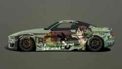  2girls black_hair brown_eyes brown_hair car ford ford_mustang grey_background ground_vehicle highres itasha motor_vehicle multiple_girls no_humans original playboy_bunny rikona vehicle_focus 