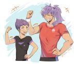  2boys absurdres artist_name brothers closed_eyes collarbone eyelashes facial_hair flexing hair_over_shoulder hand_on_hip highres hop_(pokemon) leon_(pokemon) long_hair multiple_boys open_mouth pokefan_cheng pokemon pokemon_(game) pokemon_swsh pose purple_hair red_shirt shirt short_hair short_sleeves siblings smile teeth tongue watermark yellow_eyes 