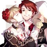 1boy 1girl beatrice_(umineko) black_neckwear blonde_hair blue_eyes braid braided_bun cheek_kiss choker collarbone dress earrings flower formal frilled_choker frilled_dress frills hair_flower hair_ornament hetero highres jewelry kiss redhead sofy suit umineko_no_naku_koro_ni ushiromiya_battler