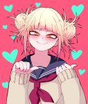  1girl anniversary bangs blonde_hair blunt_bangs blush boku_no_hero_academia border cardigan closed_mouth commentary_request double_bun heart long_sleeves looking_at_viewer okumari red_background red_neckwear short_hair smile solo toga_himiko white_border yellow_eyes 