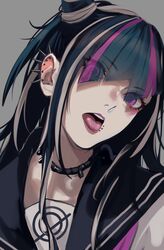  1girl bangs blue_hair blue_sailor_collar choker commentary_request dangan_ronpa ear_piercing eyebrows_visible_through_hair eyes_visible_through_hair grey_background highres jewelry lip_piercing lips long_hair looking_at_viewer mioda_ibuki multicolored_hair neckerchief oone0206 open_mouth piercing pink_eyes pink_hair pink_neckwear punk ringed_eyes sailor_collar school_uniform silver_hair simple_background solo streaked_hair super_dangan_ronpa_2 tongue tongue_out upper_teeth 