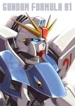  absurdres altronage blue_eyes character_name close-up f91_gundam glowing glowing_eyes gundam gundam_f91 highres looking_up mecha no_humans solo v-fin white_background 
