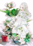  1girl blue_eyes dress frilled_dress frills full_body glasses highres leaf long_hair long_sleeves original plant potted_plant shoes sleeves_past_fingers sleeves_past_wrists solo standing white_dress white_footwear white_hair yogisya 