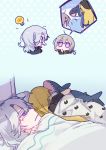  3girls 500_dollar_four_foot_tall_mareep ahoge bed blanket blonde_hair girls_frontline grey_hair light_bulb m200_(girls_frontline) multiple_girls parody shark sharp_teeth shuzi silver_hair sl8_(girls_frontline) stuffed_animal stuffed_toy teeth vhs_(girls_frontline) violet_eyes yuri 