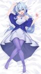  1girl absurdres blue_eyes blue_hair breasts clenched_hands dakimakura dress female gundam gundam_build_divers gundam_build_divers_re:rise highres looking_at_viewer lying medium_breasts on_back open_mouth sara_(gundam_build_divers) shinwota solo white_dress 