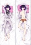  1boy ahoge arm_up bangs barefoot bed_sheet black_hair bulge commentary_request dakimakura dangan_ronpa double-breasted from_above full_body grin hair_between_eyes jacket jewelry long_sleeves looking_at_viewer lying male_focus male_underwear multicolored_hair multiple_views nanin navel new_dangan_ronpa_v3 nipples on_back open_mouth ouma_kokichi pale_skin pants pectorals pillow purple_hair scarf shirt short_hair smile stomach striped_underwear tongue tongue_out two-tone_hair underwear violet_eyes white_jacket white_pants 