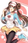  1girl absurdres amagi_korona black_legwear blue_eyes blush bow breasts brown_hair commentary_request double_bun highres holding holding_poke_ball leg_up legwear_under_shorts long_hair looking_at_viewer open_mouth pantyhose pink_bow poke_ball pokemon pokemon_(game) pokemon_bw2 raglan_sleeves rosa_(pokemon) shirt shoes short_shorts shorts sneakers solo star_(symbol) tongue twintails very_long_hair visor_cap yellow_shorts 