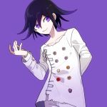  1202_koge 1boy bangs checkered closed_mouth collarbone commentary_request cowboy_shot dangan_ronpa eyebrows_visible_through_hair flipped_hair hair_between_eyes hand_up jacket long_sleeves looking_at_viewer male_focus new_dangan_ronpa_v3 ouma_kokichi pants purple_background purple_hair purple_theme shirt short_hair simple_background smile solo straitjacket violet_eyes white_jacket 
