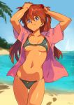  1girl beach bikini blue_eyes boat breasts english_commentary hands_on_own_head interface_headset long_hair looking_at_viewer navel neon_genesis_evangelion ocean open_clothes open_shirt optionaltypo palm_tree redhead sand shirt short_sleeves signature solo souryuu_asuka_langley swimsuit tree watercraft 