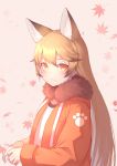  1girl :3 alternate_costume animal_ears blush commentary_request extra_ears ezo_red_fox_(kemono_friends) fox_ears fox_girl fur_trim highres jacket kemono_friends kemono_friends_3 leaf long_hair long_sleeves looking_at_viewer orange_hair orange_jacket parka solo st.takuma upper_body winter_clothes yellow_eyes 