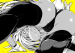  1girl :d animal_ears ass boku_no_hero_academia breasts bunny_tail greyscale leotard long_hair looking_at_viewer mirko monochrome open_mouth rabbit_ears simple_background smile solo spread_legs tail takatsuki_ichi teeth thigh-highs very_long_hair yellow_background 