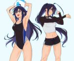  2girls ahoge armpits ball beachball blue_eyes blue_hair competition_swimsuit hair_flaps highres kotneciii long_hair long_sleeves multiple_girls navel one-piece_swimsuit original ponytail shorts simple_background swimsuit 