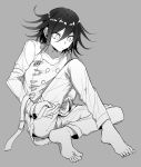  1girl bangs barefoot belt closed_mouth collarbone commentary_request dangan_ronpa double-breasted feet flipped_hair full_body grey_background greyscale hair_between_eyes highres holding_belt jacket long_sleeves looking_down medium_hair monochrome nanin new_dangan_ronpa_v3 ouma_kokichi pants shirt simple_background sitting soles solo 