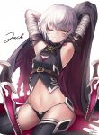  1girl ;d armpits bandages bare_shoulders black_legwear black_panties blush breasts cape closed_mouth commentary_request dagger fate/apocrypha fate_(series) green_eyes highres jack_the_ripper_(fate/apocrypha) looking_at_viewer navel one_eye_closed open_mouth panties scar short_hair silver_hair simple_background sitting small_breasts smile thigh-highs thighs underwear wariza weapon white_background yui_(kawalcjil4) 