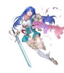  1girl ankle_boots armor bangs belt blue_eyes blue_hair boots breastplate caeda_(fire_emblem) cape closed_mouth dress elbow_gloves feather_trim fire_emblem fire_emblem:_mystery_of_the_emblem fire_emblem_heroes full_body gloves highres holding holding_sword holding_weapon long_hair looking_at_viewer multiple_belts official_art one_eye_closed open_mouth pink_cape short_dress shoulder_armor solo sword thigh-highs thighs torn_cape torn_clothes torn_legwear transparent_background weapon white_legwear zettai_ryouiki 