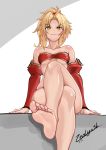  &gt;:) 1girl absurdres alternate_eye_color artist_name bare_shoulders barefoot blonde_hair blush breasts crossed_legs dark_persona detached_sleeves eyebrows_visible_through_hair fang fate/grand_order fate_(series) feet from_below highres looking_at_viewer mordred_(fate) mordred_(fate)_(all) ponytail red_scrunchie scrunchie short_hair small_breasts smile soles solo under_boob yellow_eyes zealyush 