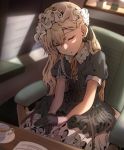  1girl black_gloves breasts closed_eyes commission dress frilled_dress frilled_hairband frills girls_frontline gloves hairband highres llpfmfc long_hair medium_breasts ppk_(girls_frontline) puffy_short_sleeves puffy_sleeves short_sleeves skeb_commission sleeping solo very_long_hair 