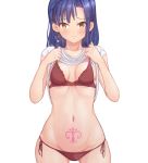  1girl bangs blue_hair blush bra braid breasts commentary_request cowboy_shot idolmaster idolmaster_million_live! idolmaster_million_live!_theater_days loeldrive medium_breasts nanao_yuriko panties pubic_tattoo red_bra red_panties shirt_lift short_hair side-tie_panties simple_background smile solo stomach_tattoo tattoo underwear white_background yellow_eyes 