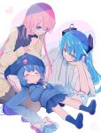  3girls :3 absurdres ahoge blue_eyes blue_hair blue_headwear blue_hoodie blue_legwear blue_skirt braid closed_eyes commentary drawstring eel_hat facial_tattoo finger_to_own_chin hair_ornament half-closed_eyes hatsune_miku heart highres hood hoodie lap_pillow large_hat long_hair lying megurine_luka miniskirt multiple_girls number_tattoo on_back otomachi_una pink_hair pleated_skirt signature skirt sleeping sleeping_on_person smile star_(symbol) tattoo twin_braids twintails very_long_hair vocaloid wanaxtuco white_hoodie 