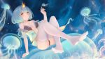  1girl air_bubble bare_shoulders black_panties blue_dress blue_hair breasts bubble dress feet highres jellyfish looking_at_viewer medium_breasts no_bra original panties short_hair socks solo thigh-highs underwater underwear white_legwear xiaolailailai yellow_eyes youkai 