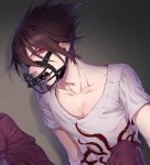 1boy absurdres beard brown_hair checkered checkered_floor collarbone commentary_request dangan_ronpa earrings facial_hair from_side highres jewelry knees_up looking_at_viewer male_focus momota_kaito muzzle nanin new_dangan_ronpa_v3 open_mouth pants pink_pants print_shirt purple_hair sharp_teeth shirt short_hair short_sleeves sitting smile solo spiky_hair teeth violet_eyes white_shirt 