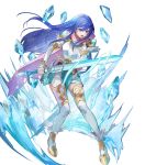  1girl ankle_boots armor bangs belt blue_eyes blue_hair boots breastplate caeda_(fire_emblem) cape closed_mouth dress elbow_gloves feather_trim fire_emblem fire_emblem:_mystery_of_the_emblem fire_emblem_heroes floating floating_object full_body gloves highres holding holding_sword holding_weapon ice long_hair looking_at_viewer looking_away multiple_belts official_art open_mouth pink_cape short_dress shoulder_armor solo sword thigh-highs transparent_background weapon white_legwear zettai_ryouiki 