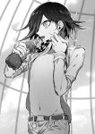  1boy belt bottle checkered checkered_scarf commentary_request dangan_ronpa from_side greyscale hair_over_one_eye highres holding jacket jacket_lift lifted_by_self long_sleeves male_focus medium_hair monochrome nanin navel new_dangan_ronpa_v3 ouma_kokichi outdoors pants profile saliva saliva_trail scarf short_hair solo stomach sweat tongue tongue_out wet wet_hair 