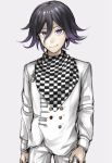  1boy bangs black_hair checkered checkered_scarf closed_mouth commentary_request cowboy_shot dangan_ronpa grey_background hair_between_eyes jacket long_sleeves looking_at_viewer male_focus new_dangan_ronpa_v3 ouma_kokichi pants purple_hair scarf short_hair simple_background smile solo standing straitjacket violet_eyes white_jacket white_pants zabe_o 