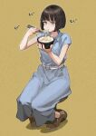  1girl artist_name beans bowl brown_eyes brown_hair chopsticks commission egg highres holding holding_bowl holding_chopsticks jun_(seojh1029) original rice short_hair sitting skeb_commission solo stool 