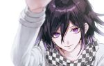  1boy bangs black_hair blurry blurry_foreground checkered checkered_scarf closed_mouth collarbone commentary_request dangan_ronpa depth_of_field eyebrows face hair_between_eyes highres jacket long_sleeves looking_at_viewer male_focus new_dangan_ronpa_v3 ouma_kokichi purple_hair sakuyu scarf simple_background smile solo straitjacket upper_body violet_eyes white_background white_jacket 