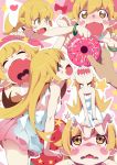  1girl blonde_hair blush_stickers bracelet doughnut dress fang food gesugesu_ahoaho jewelry long_hair monogatari_(series) mouth_drool multiple_views open_mouth oshino_shinobu pointy_ears sharp_teeth solo_focus tears teasing teeth white_dress yellow_eyes 