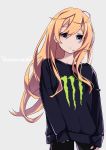  1girl absurdres alternate_costume black_pants black_sweater blonde_hair blue_eyes blush casual cowboy_shot expressionless gabriel_dropout hair_between_eyes highres long_hair long_sleeves looking_at_viewer monster_energy pants parted_lips product_placement sazanka solo sweater tenma_gabriel_white very_long_hair 
