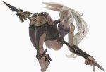  1girl animal_ears barefoot closed_mouth commission dark_skin ebimomo final_fantasy final_fantasy_xiv grey_hair holding holding_spear holding_weapon knee_pads long_hair looking_at_viewer original polearm rabbit_ears simple_background skeb_commission solo spear very_long_hair weapon white_background yellow_eyes 