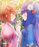  2girls blue_eyes blue_hair blue_kimono blush flower hair_flower hair_ornament hair_tie highres holding_hands japanese_clothes kimono lily_(flower) long_hair looking_at_another multicolored_hair multiple_girls namamake open_mouth orange_hair pink_hair pink_kimono plant purple_hair red_eyes setsuna_(shironeko_project) shironeko_project short_hair sidelocks standing tied_hair towa_(shironeko_project) twintails yuri 
