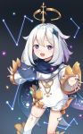  1girl :d bangs black_cape cape commentary_request constellation dress eyebrows_visible_through_hair genshin_impact hair_between_eyes hair_ornament halo highres liclac long_sleeves open_mouth paimon_(genshin_impact) silver_hair single_thighhigh sleeves_past_wrists smile solo thigh-highs violet_eyes white_dress white_legwear wide_sleeves 