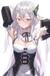  1girl alternate_costume arm_up ass bangs bare_shoulders blush breasts butterfly_hair_ornament commentary detached_collar detached_sleeves echidna_(re:zero) enmaided hair_ornament highres long_hair looking_at_viewer lying maid medium_breasts photoshop_(medium) re:zero_kara_hajimeru_isekai_seikatsu roswaal_mansion_maid_uniform seon_(seonon_) smile solo thigh-highs violet_eyes white_eyelashes white_hair white_legwear wide_sleeves 