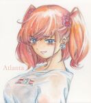  1girl alternate_costume atlanta_(kantai_collection) bangs breasts dodomori earrings english_text eyebrows_visible_through_hair eyelashes grey_eyes highres jewelry kantai_collection large_breasts looking_at_viewer red_scrunchie redhead scrunchie shirt smile solo star_(symbol) star_earrings t-shirt two_side_up white_background 
