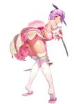  1girl ass ayane ayane_(doa) bangs closed_mouth dead_or_alive destiny_child dual_wielding full_body headband holding holding_sword holding_weapon kim_hyung_tae looking_at_viewer official_art over-kneehighs purple_hair red_eyes reverse_grip sandals shiny shiny_skin short_hair solo sword thigh-highs tiptoes transparent_background wakizashi weapon white_legwear 