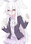  1girl albino alternate_hair_color animal_ears bangs blazer bright_pupils clenched_hands collared_shirt eyebrows_visible_through_hair hair_between_eyes highres jacket long_hair long_sleeves looking_at_viewer open_mouth pleated_skirt purple_skirt rabbit_ears red_eyes reisen_udongein_inaba shirt simple_background skirt smile solo touhou tsukimirin upper_body v-shaped_eyebrows white_background white_hair white_shirt 