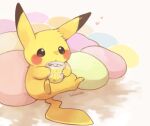  artist_name commentary_request cup cushion gen_1_pokemon heart holding holding_cup konanbo liquid no_humans paws pikachu pokemon pokemon_(creature) sitting solo steam yellow_fur 
