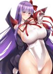  1girl bb_(fate)_(all) bb_(fate/extra_ccc) black_coat coat cowboy_shot fate/extra fate/extra_ccc fate/grand_order fate_(series) gloves groin hair_ribbon hand_up highleg highleg_leotard kumakichi_(cost-lost) leotard long_hair neck_ribbon popped_collar purple_hair red_ribbon ribbon shiny shiny_hair shiny_skin solo very_long_hair violet_eyes white_gloves white_leotard 